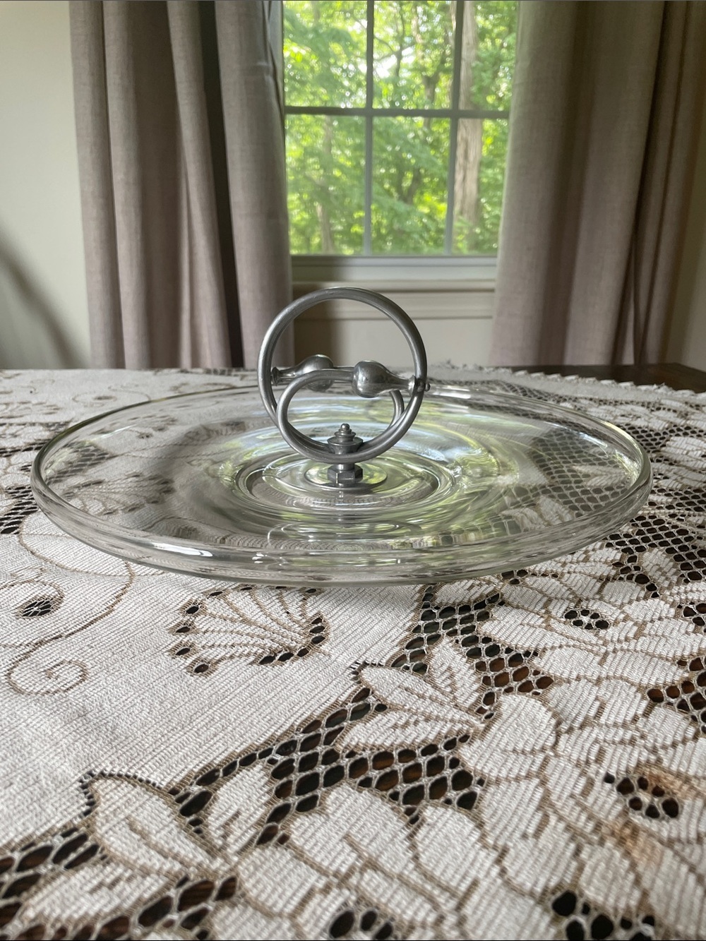 Art Deco Glass Serving Tray with Aluminum Ring Handle - Clear Serveware